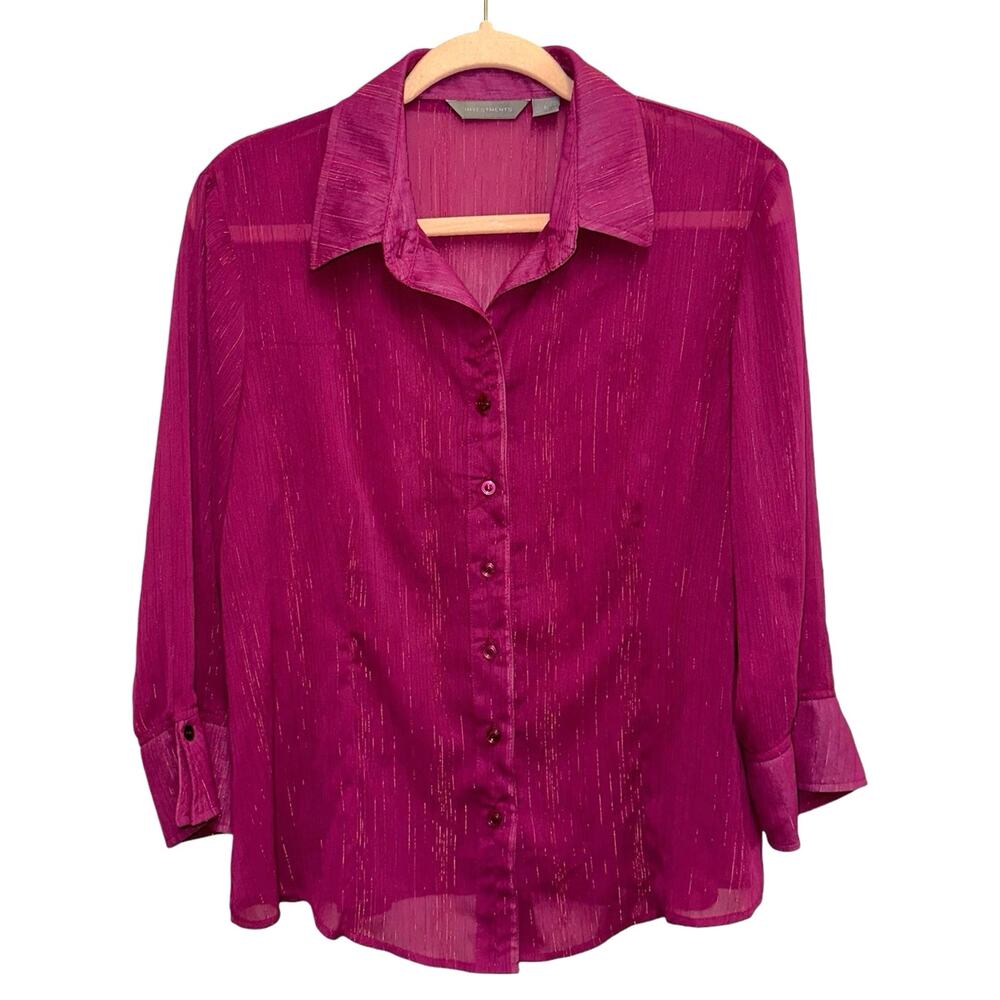 Investments Purple Metallic Sheer Button Front Blouse Women's Large
